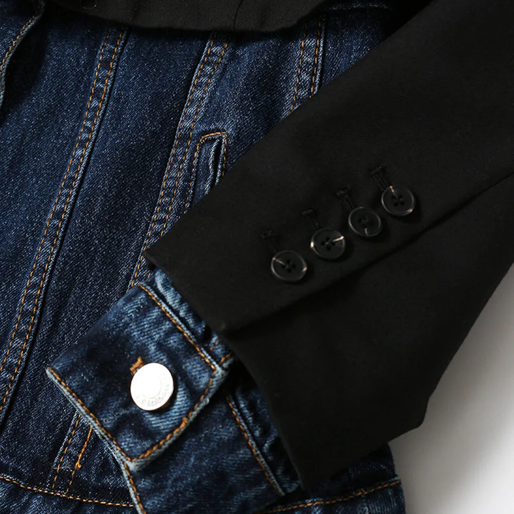 Deconstructed Two Tone Lapel Collar Single Breasted Hybrid Layered Denim Blazer