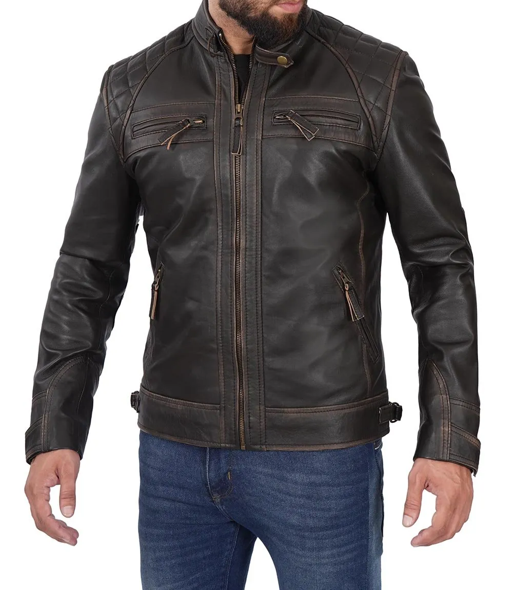Diamond Mens Distressed Brown Motorcycle Leather Jacket