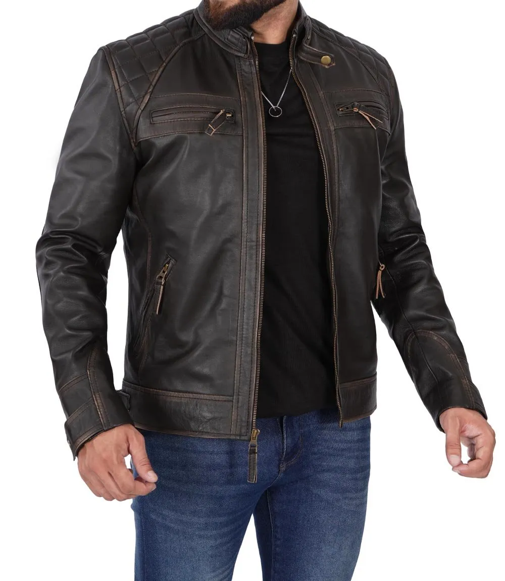 Diamond Mens Distressed Brown Motorcycle Leather Jacket