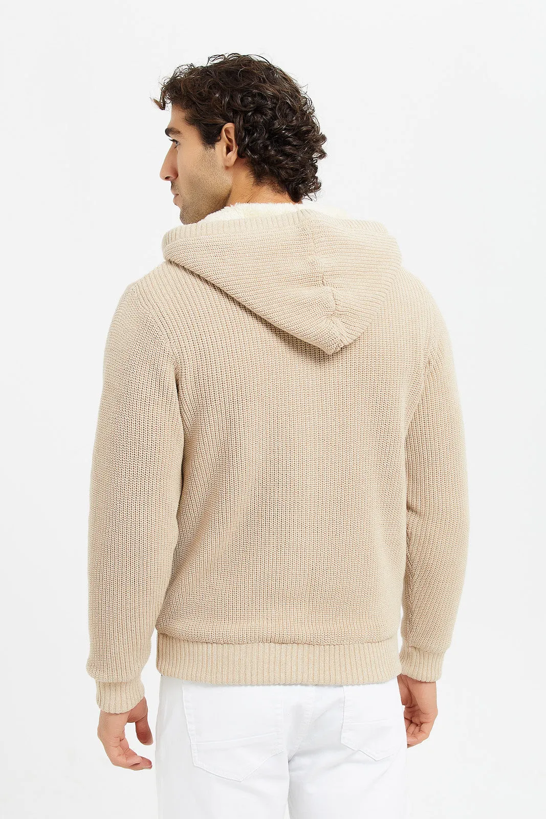 Men Beige Knitted Zipper Hooded Jacket