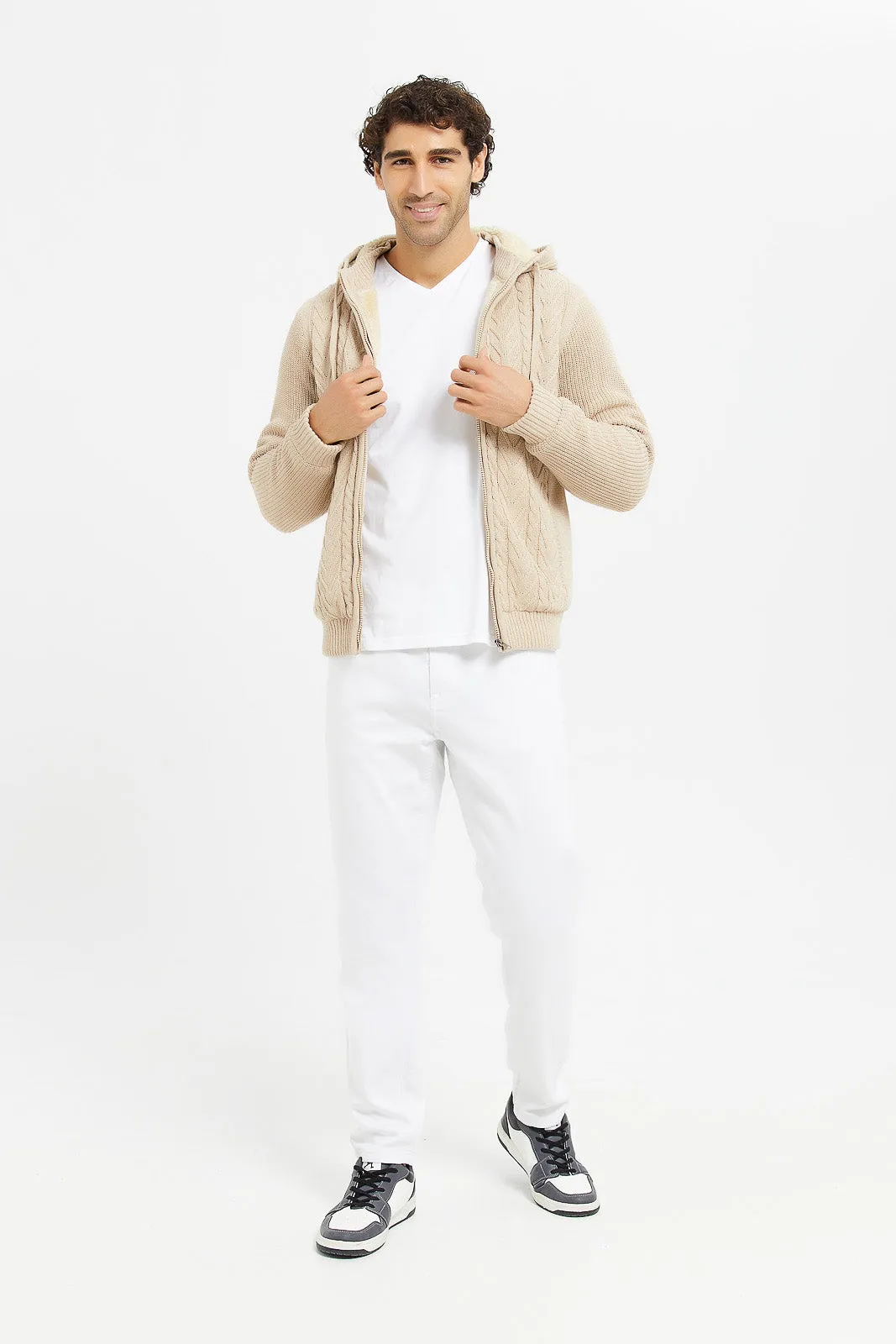 Men Beige Knitted Zipper Hooded Jacket