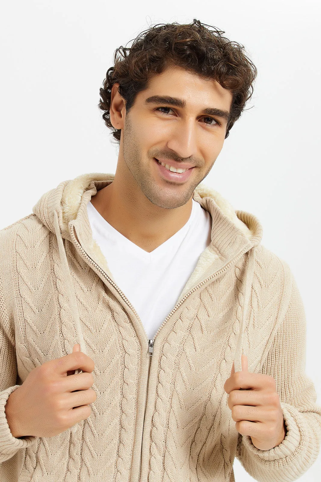 Men Beige Knitted Zipper Hooded Jacket