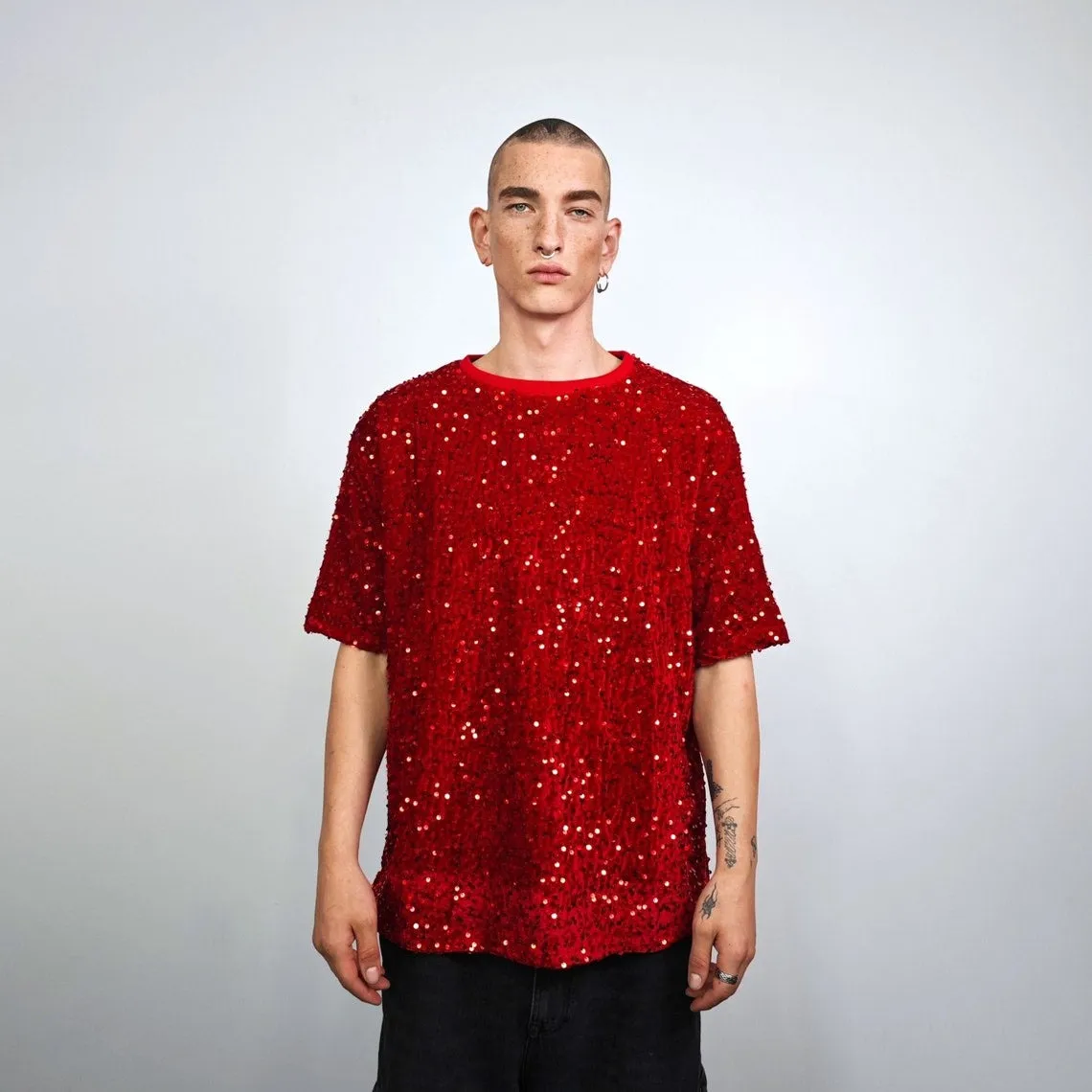 Red sequin embellished top luxury embroidered t-shirt geometric pattern tee shiny luminous going out fancy dress jumper party pullover