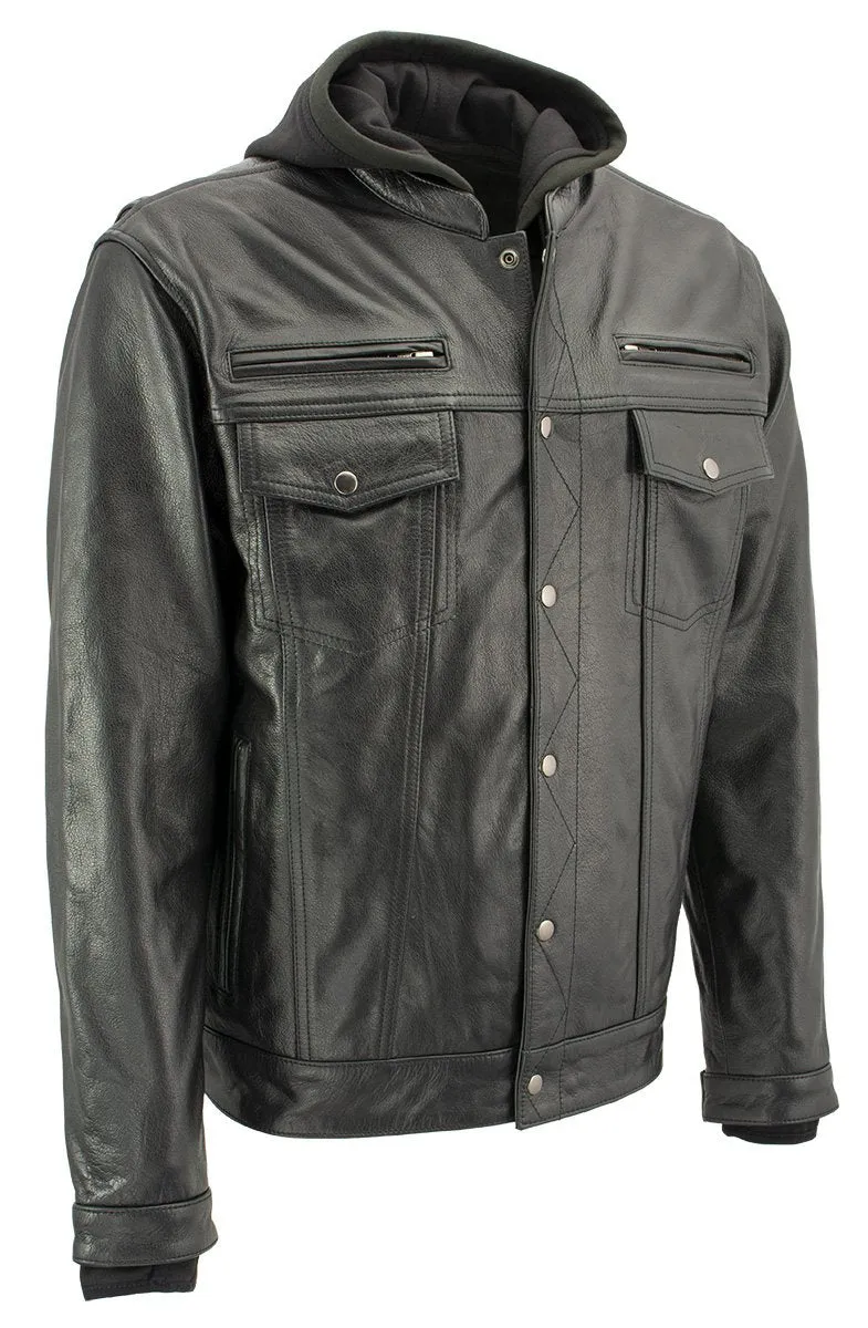 Xelement XS1025 Men’s 'Cross Rake' Black Snap Front Leather Shirt Jacket with Removable Hoodie