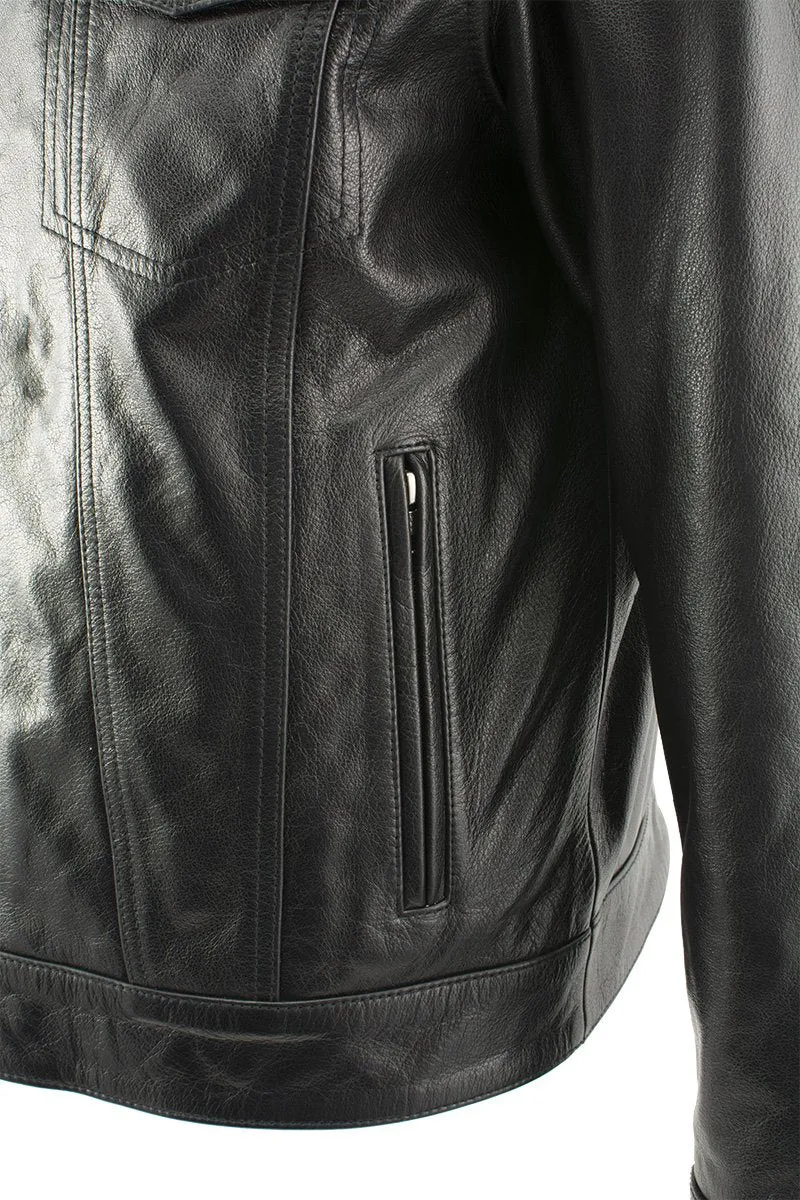 Xelement XS1025 Men’s 'Cross Rake' Black Snap Front Leather Shirt Jacket with Removable Hoodie