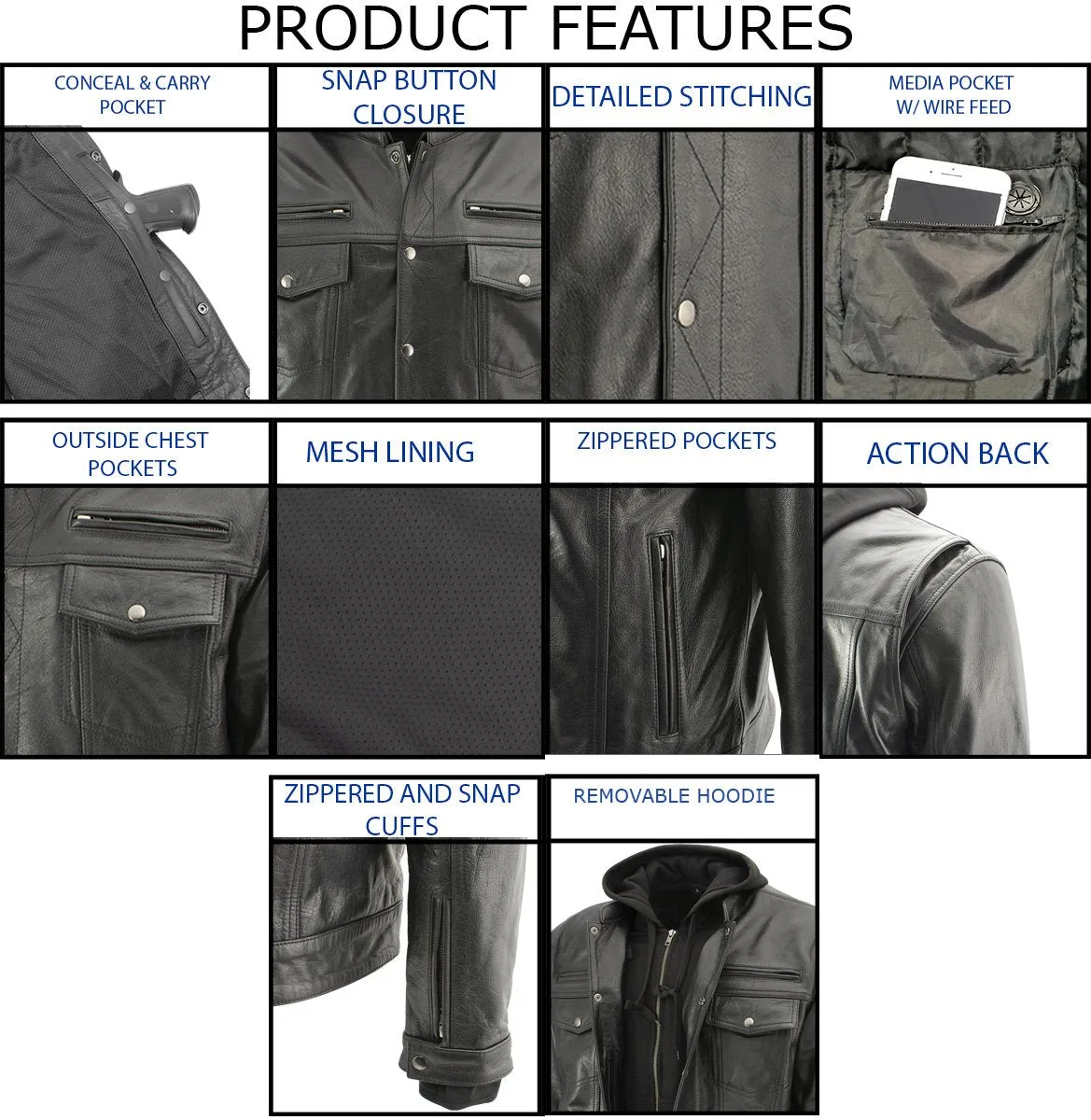 Xelement XS1025 Men’s 'Cross Rake' Black Snap Front Leather Shirt Jacket with Removable Hoodie