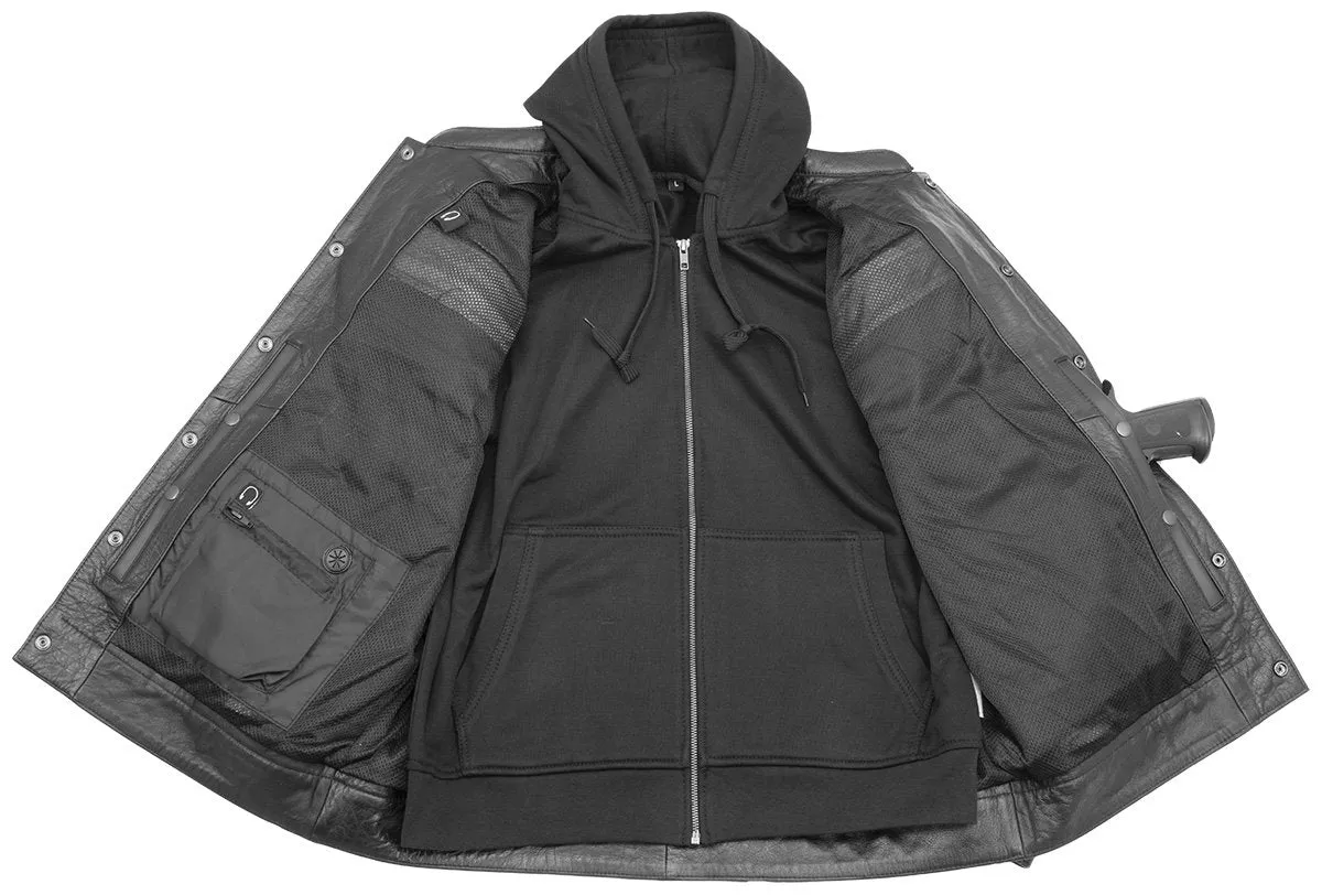 Xelement XS1025 Men’s 'Cross Rake' Black Snap Front Leather Shirt Jacket with Removable Hoodie